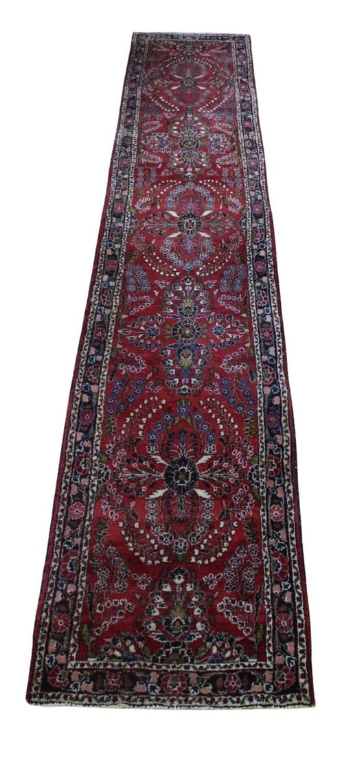 Vintage And Finely Hand Knotted Sarouk Style.: Runner. Nice long size with bright colors and nice pattern. From a New Hope, PA estate. - Dimensions: 16ft 3" x 2ft 9".