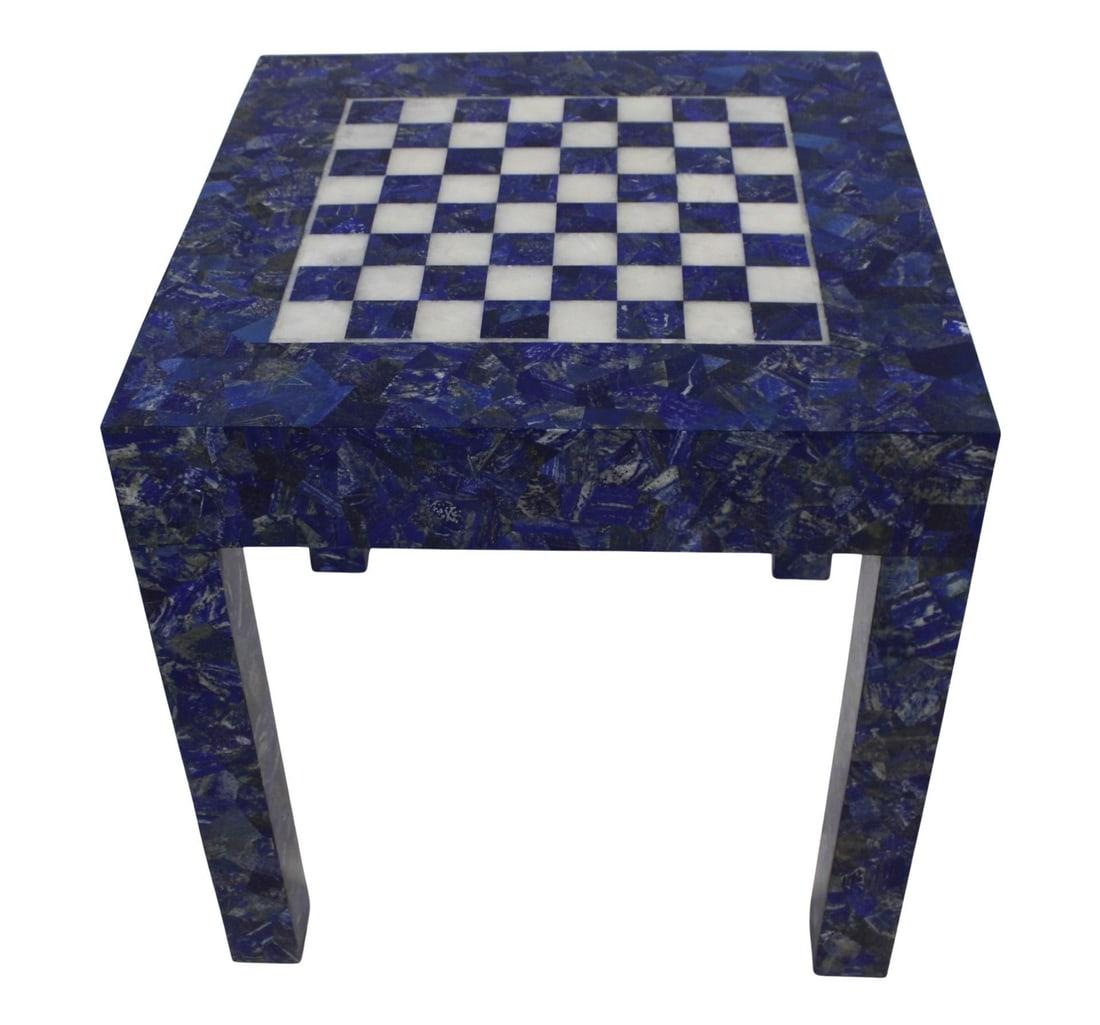 Vintage & Fine Quality Lapis Lazuli Game Table: Super table with great color on the precious stone and 2 drawers. From a Great Neck, LI estate. - Dimensions: 29" h x 28" w x 28" d.