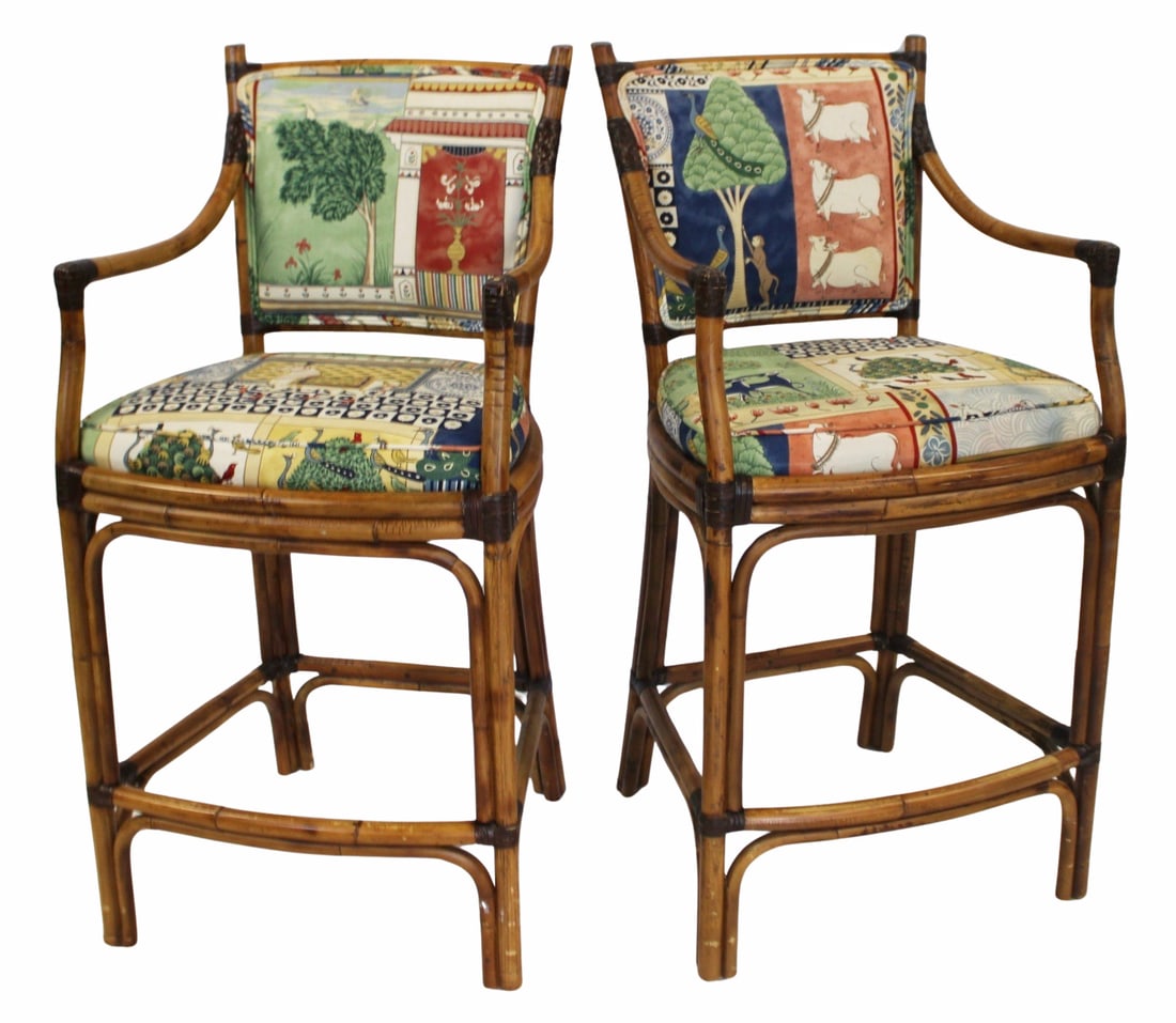 Vintage Pair of Upholstered Rattan High Chairs. (1 of 6)