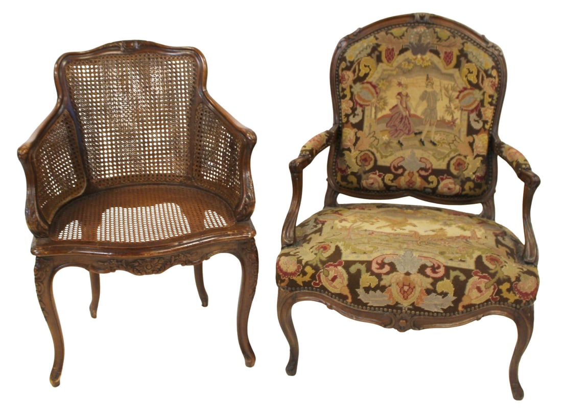 2 Louis XV Style Armchairs.: One chair with caning and the second with needlepoint. From a Greenwich, CT estate. Dimensions: Cane: 34" h x 24.5" w x 23" d & Needlepoint: 37" h x 45" w x 24".