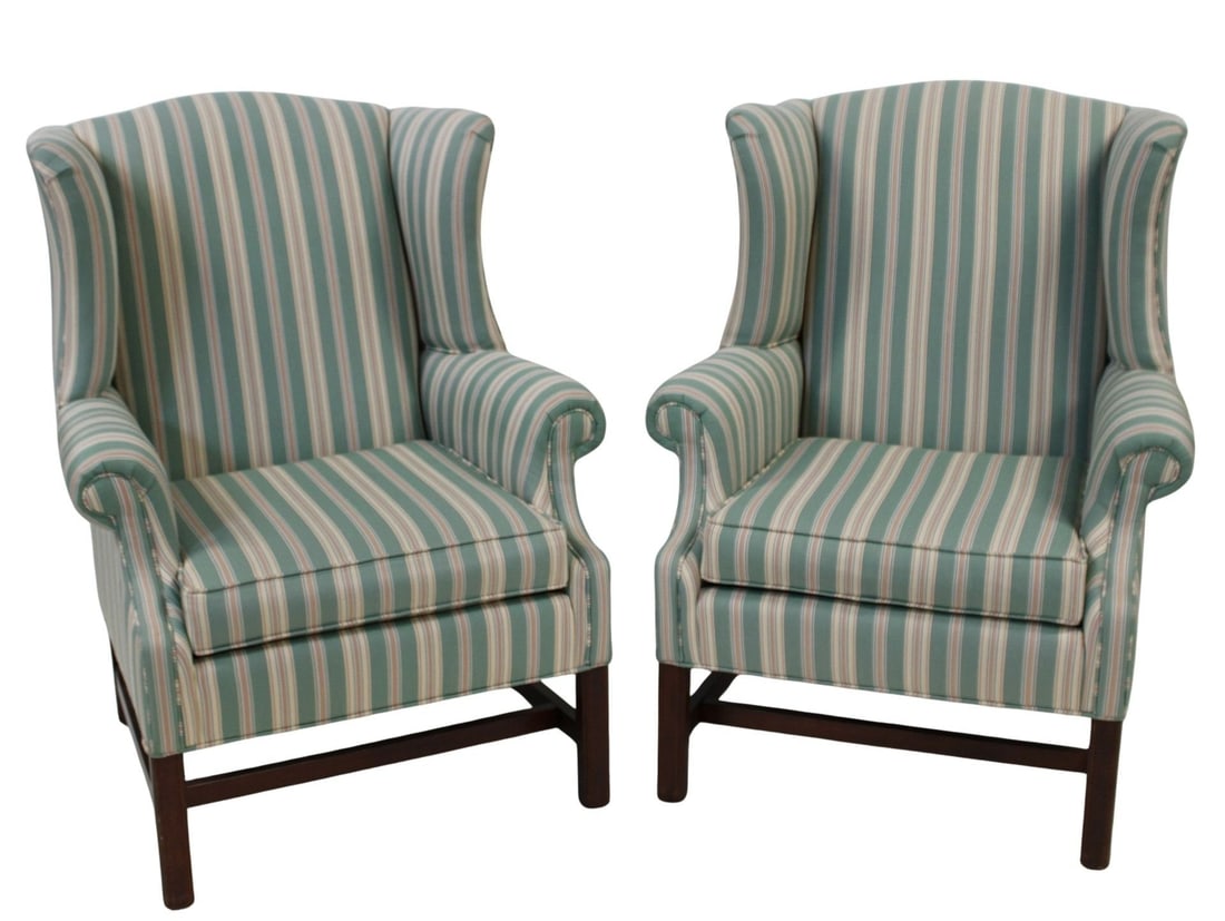 Ethan Allen Pair Of Upholstered Wing Back Chairs.: High-back silhouette with side "wings,". From a Scarsdale, NY estate. - Dimensions: 41" h x 20"d x 21" w.