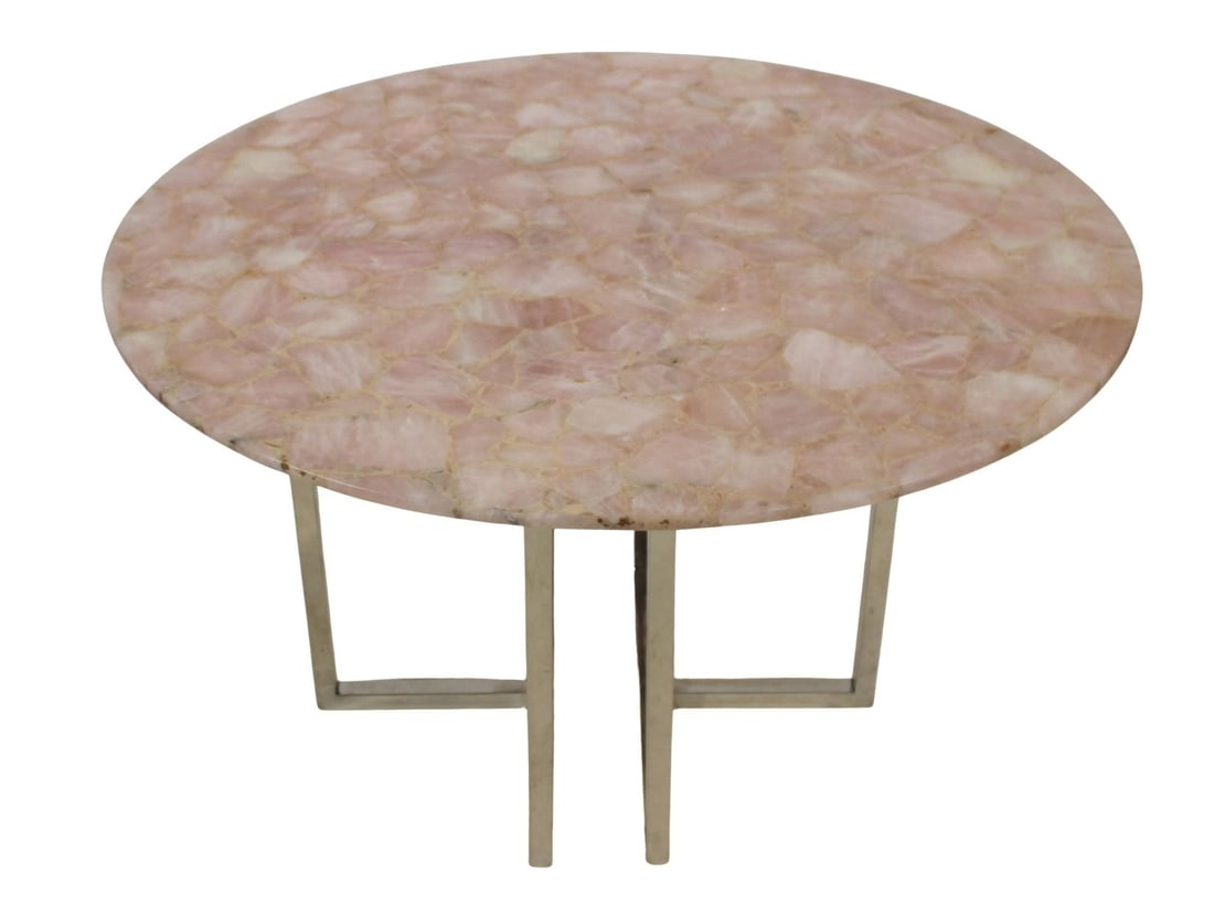 Midcentury Style Rose Quartz & Chrome Table.: Nice large size and great color. From a Long Island, NY estate. - Dimensions: 29" h x 48" dia.
