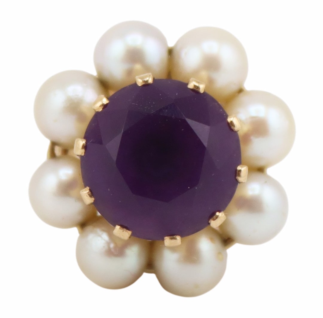 JEWELRY. 17kt Gold, Amethyst and Pearl Cocktail: Ring. 17kt yellow gold cocktail ring displaying a central prong-set round faceted amethyst with surround of (8) pearls. Amethyst measures approx. 12.0mm; pearls measure approx. 5.5mm. Total approx. we