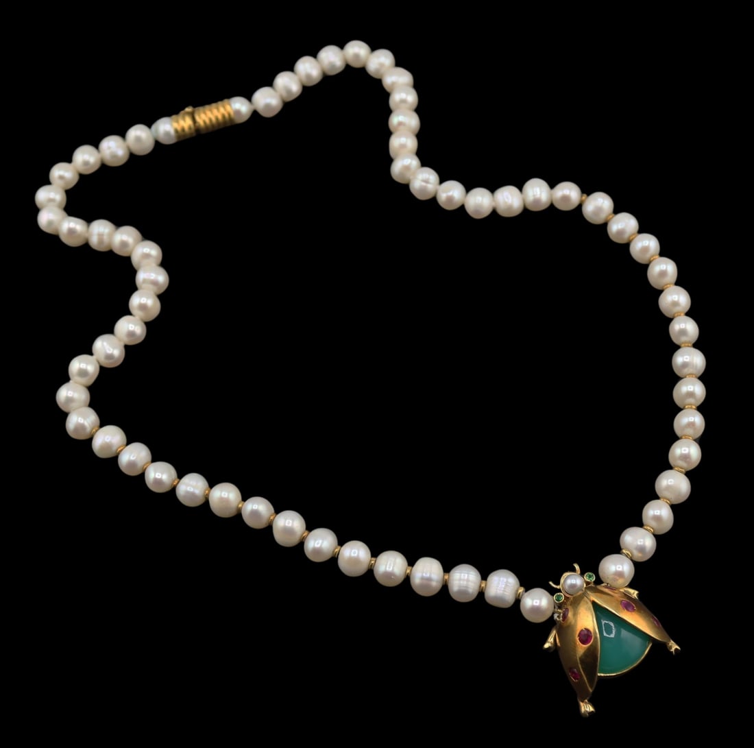 JEWELRY. Signed 18kt Gold, Gem and Pearl Necklace. (1 of 10)