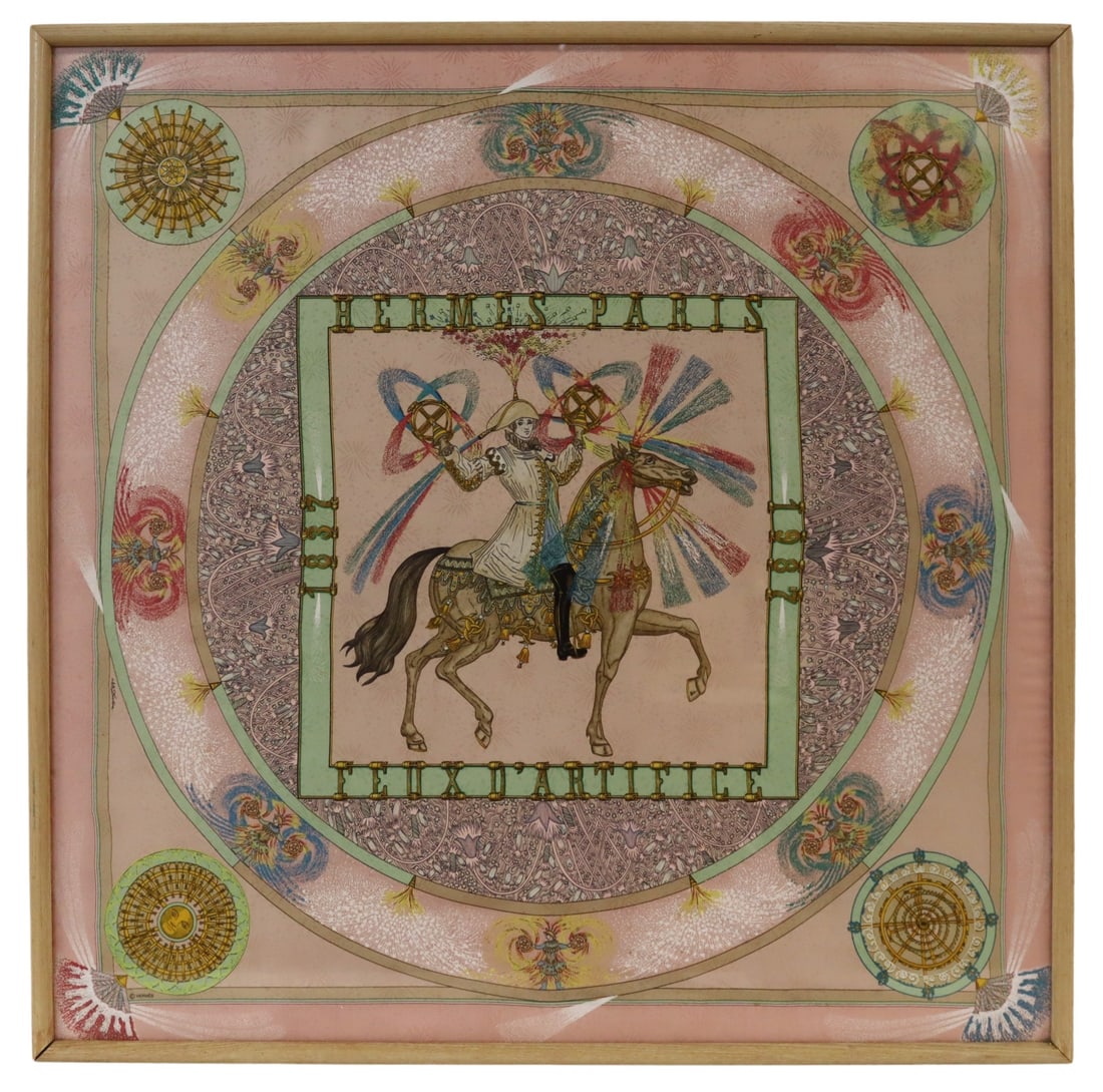 COUTURE. Framed Hermes Feux d'Artifice Silk Scarf. (1 of 10)