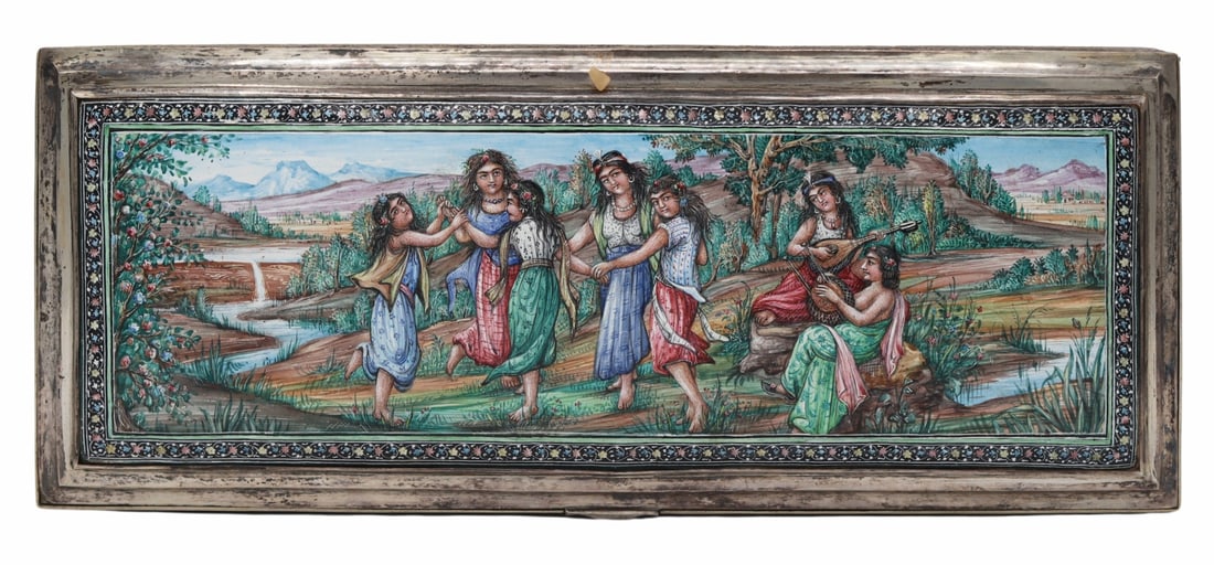 SILVER. Persian Enamel Decorated Silver Hinged Box: Persian silver rectangular hinged box displaying an enamel decorated scene of ladies dancing next to musicians in a hilly landscape. Stamped, "84" with several additional stamps to the under