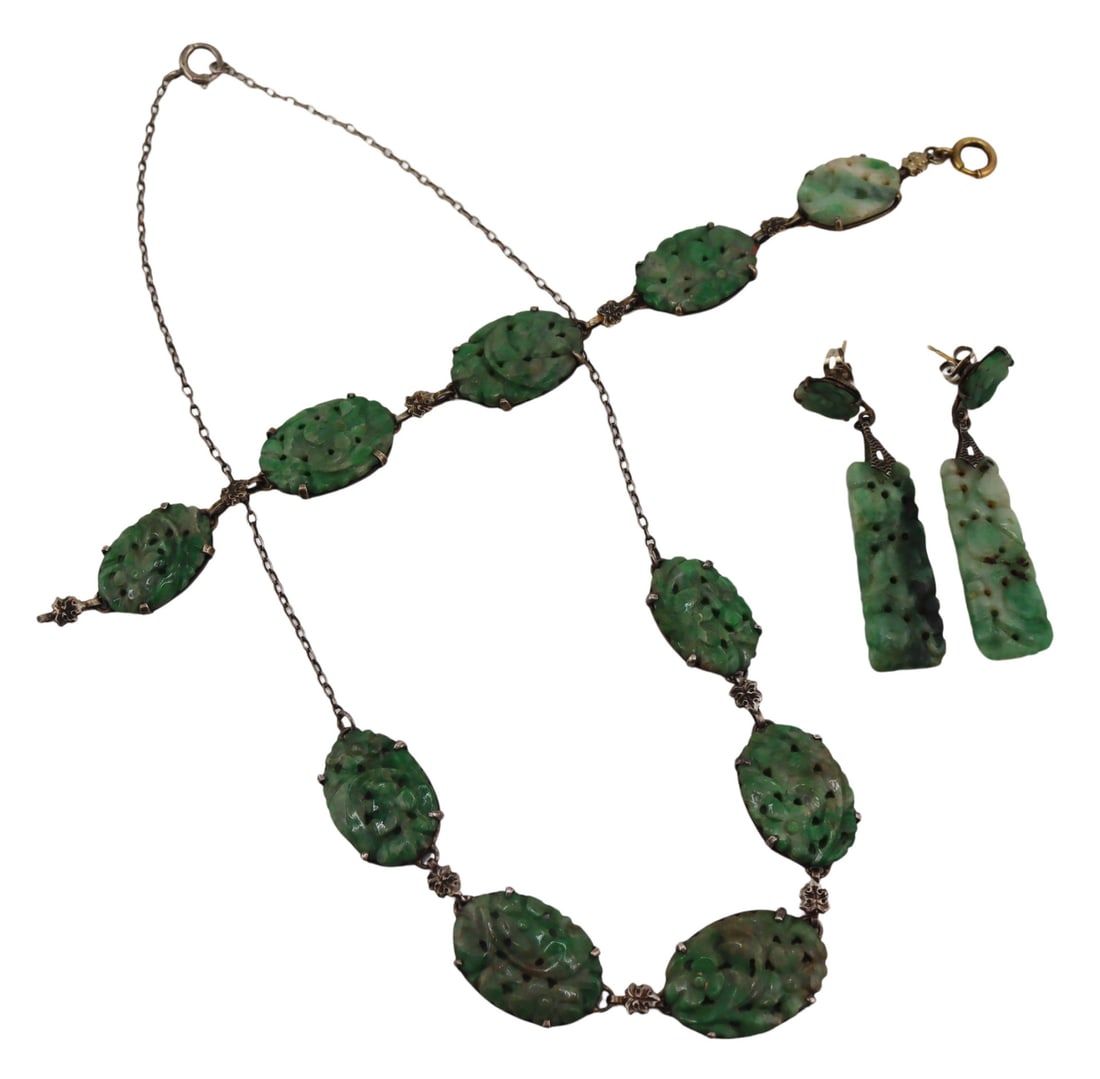 JEWELRY. 3 Pc. Silver and Jade Jewelry Suite. (1 of 12)
