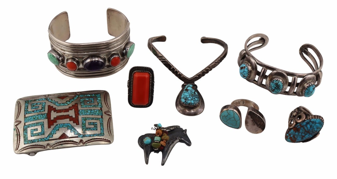 JEWELRY. Southwest Silver Jewelry Grouping.: Includes a signed silver rectangular belt buckle inlaid with turquoise and coral chips - stamped verso; a signed LL, presumably Lewis Lomay, silver and turquoise ring, size - 7; a signed Reve