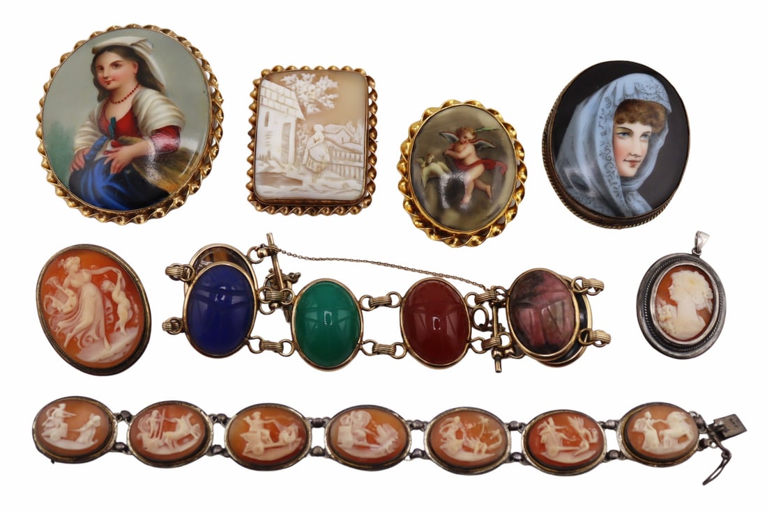 JEWELRY. Antique Collection of Cameos and Carved: Jewels. Includes a carved scarab gold-filled bracelet; a portrait plaque of a veiled beauty brooch - impressed, "26" verso; a portrait plaque of a young girl mounted as a brooch with