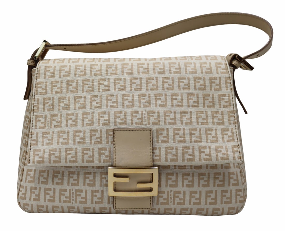COUTURE. Fendi Beige Zucchino Canvas Purse.: Fendi beige Zucchino canvas Mama Forever shoulder bag. With gold-tone hardware. From an E 72nd St, Manhattan estate. Dimensions: purse measures approx. 11.5" w x 4.75" d x 8" h;