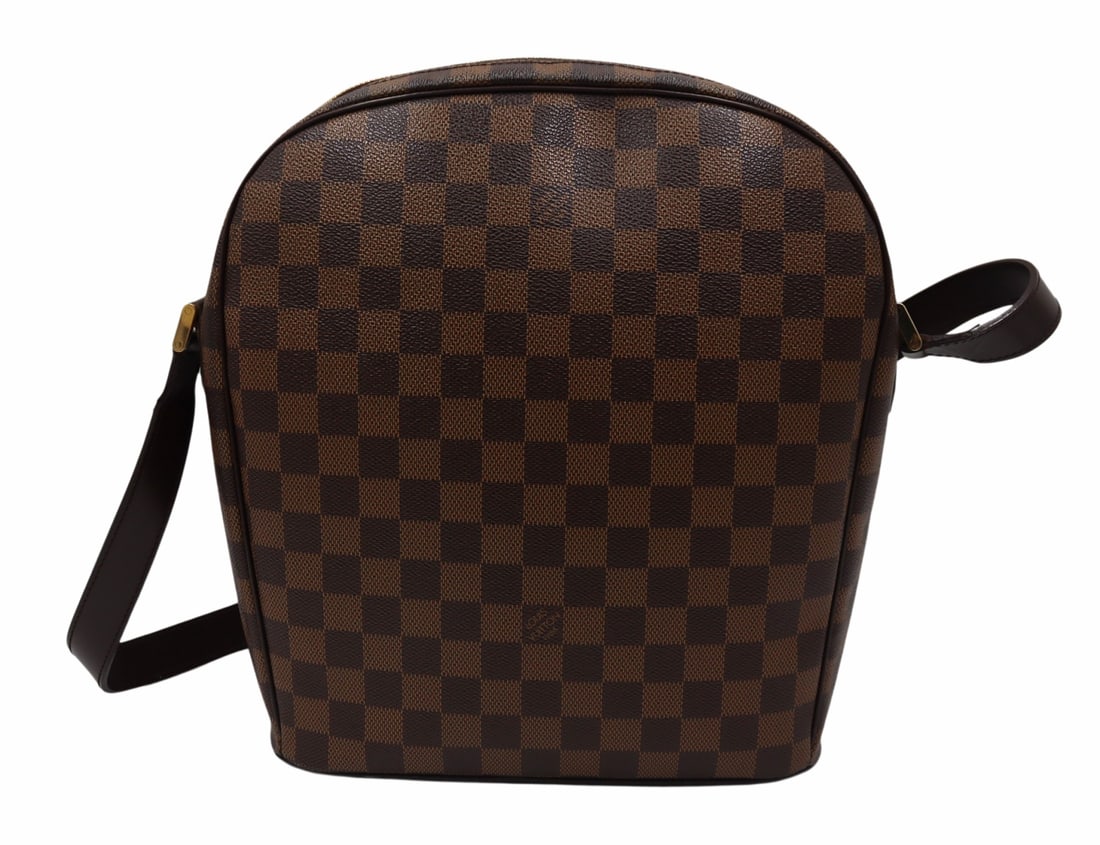 COUTURE. Louis Vuitton Damier Ipanema GM Purse.: With brown leather shoulder strap, and orange microfiber interior lining displaying (2) pockets. From an E 72nd St, Manhattan estate. Dimensions: purse measures approx. 9" w x 3.25" d x