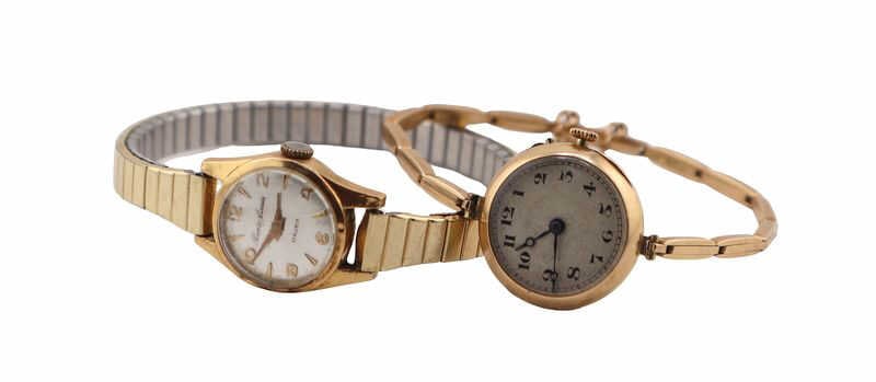 JEWELRY. (2) Lady's Gold Watches.: A damaged lady's 14kt yellow gold trench-style mechanical watch fitted with a 14kt yellow gold stretch bracelet, stamped "14K". Accompanied by a damaged lady's 18kt yellow gold mechanical wa