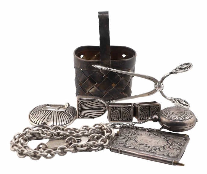 STERLING. Assorted Grouping of Sterling Items.: Including a (4) piece western style sterling buckle set comprised of a (1) buckle, (2) loops, and a (1) tip - buckle stamped, "925"; a sterling chatelaine fitted with a monogrammed coin hold