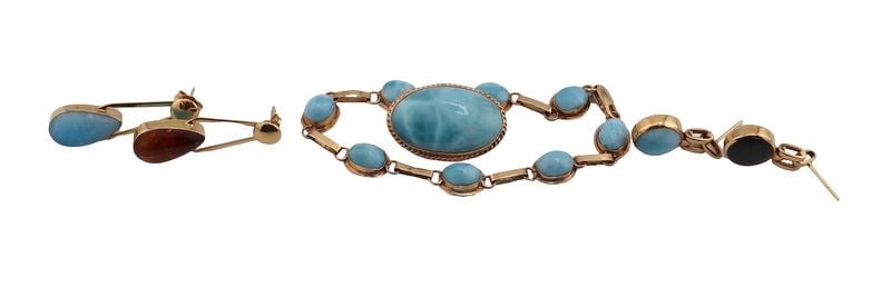 JEWELRY. Gold Larimar Jewelry Grouping: Including a 14kt yellow gold bracelet accented with (8) bezel-set larimar cabochons - stamped "14K"; a 14kt yellow gold brooch with a central bezel-set larimar cabochon - stamped