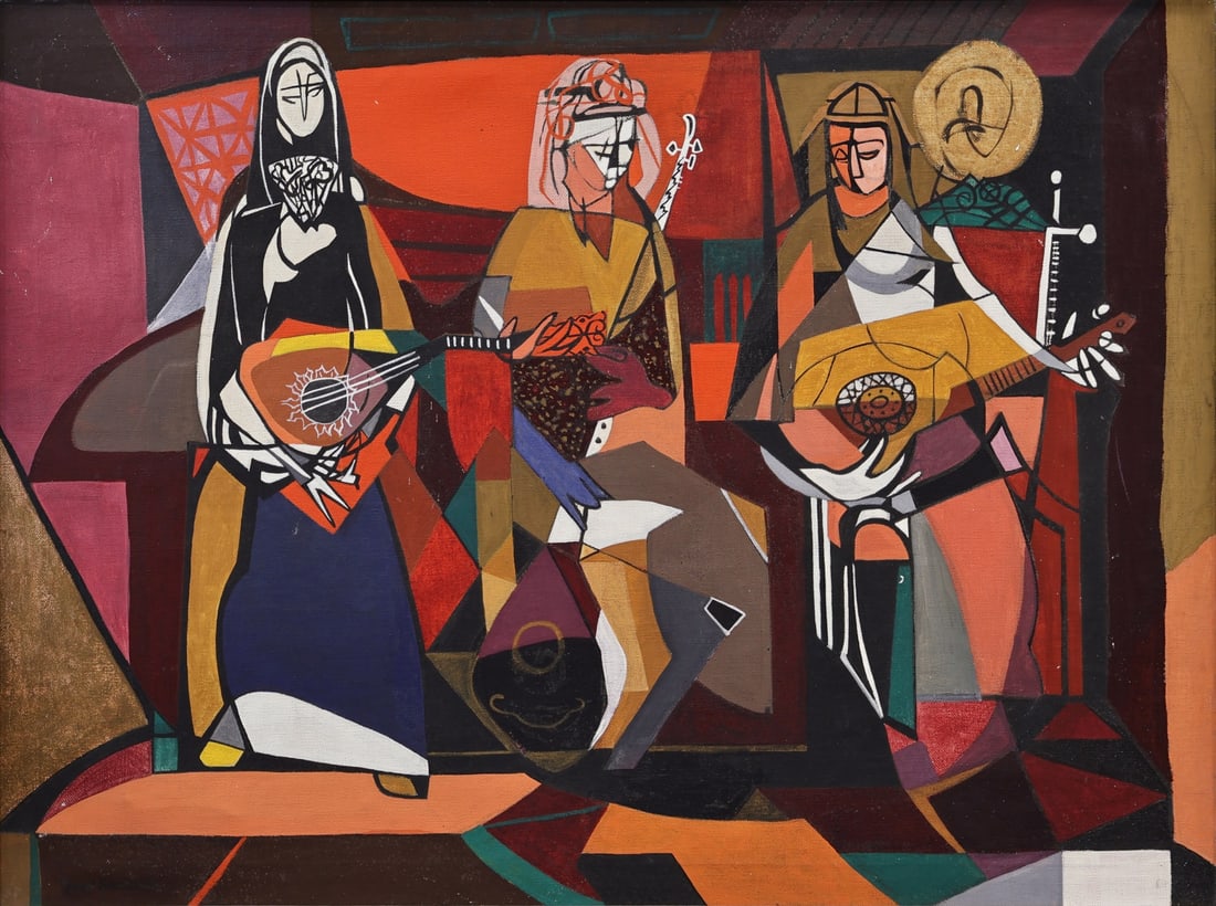ETHEL EDWARDS (AMERICAN, 1914-1999).: 'Three Musicians'. Oil on canvas. Signed lower left. Property of a Larchmont, NY estate. Dimensions: 30" h x 40" w. Frame: 35" h x 45" w.