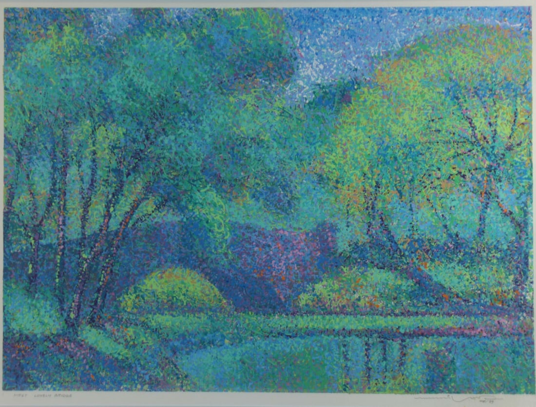 MANUEL RODRIGUEZ SR. (FILIPINO, 1912-2017).: 'Lonely Bridge'. 1989. Acrylic on paper. Signed, dated, and titled lower margins in pencil. From a New York, NY collection. Dimensions: 21" h x 27.75" w. Frame: 29.50" h x 36.25" w