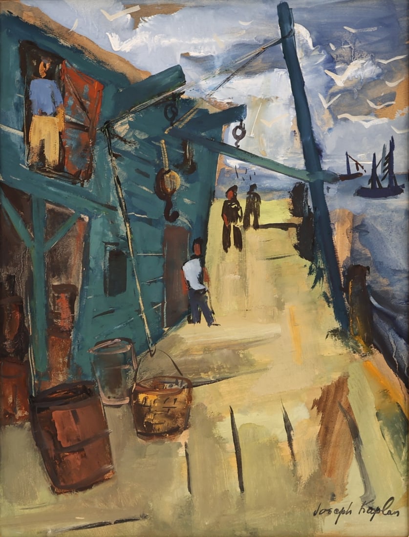JOSEPH KAPLAN (AMERICAN, 1900-1980).: 'Workers on the Dock'. Gouache on paper. Signed lower right. Property from a Cold Springs, NY estate. Dimensions: Sight: 16.75" h x 12.75" w. Frame: 26.625" h x 22.50" w.