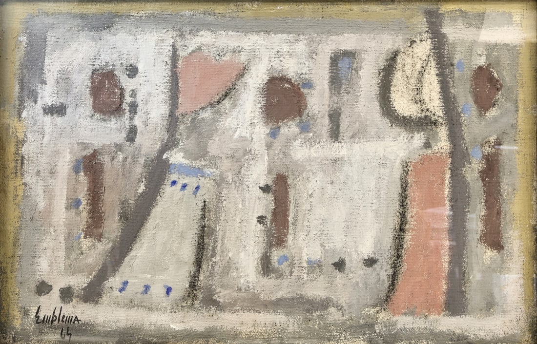 SALVATORE EMBLEMA (ITALIAN, 1929-2006).: 'Untitled' (Pink and Grey Figures). 1964. Raw pigments on jute canvas. Signed and dated lower left. Property of a Amelia, NY estate. Dimensions: 23.25" h x 35.25" w. Frame: 24.50" h x 3