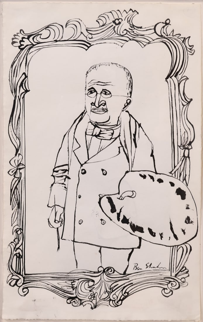 BEN SHAHN (AMERICAN, 1898-1969).: Self-Portrait (Study for the Fogg Art Museum Poster). Circa 1956. Ink on paper. Signed lower right. Verso: 'Self-Portrait' in ink. Provenance: Kennedy Galleries, Inc. NYC. Property of a Mamaroneck, NY