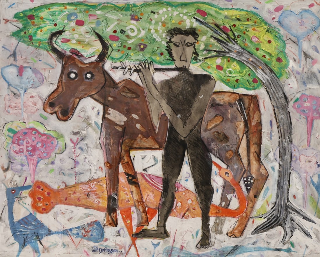 K. MURALIDHARAN (INDIAN, b. 1956).: 'Man Playing Flute with Animals'. Mixed media on paper. Signed lower middle left. Note: This work may depict Krishna playing his flute for the animals. Property of a Pelham, NY collection.