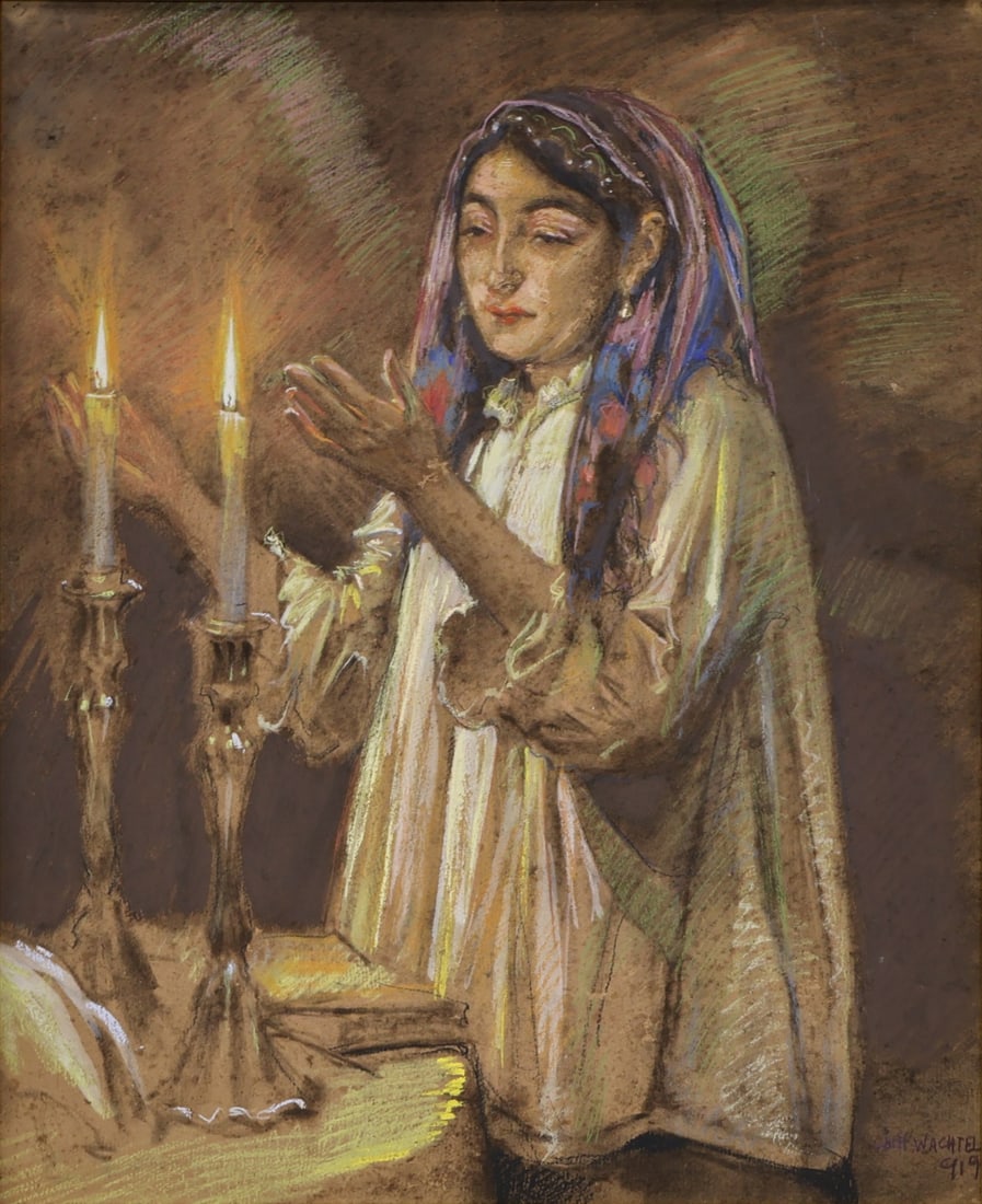 WILHELM WACHTEL (POLISH, 1875-1942).: 'Lighting the Sabbath Candles'. 1919. Pastel on paper laid to board. Signed and dated lower right. Provenance: Sotheby's, NY, "Important Judaica'. November 30, 2005. (lot 228); The Leah and