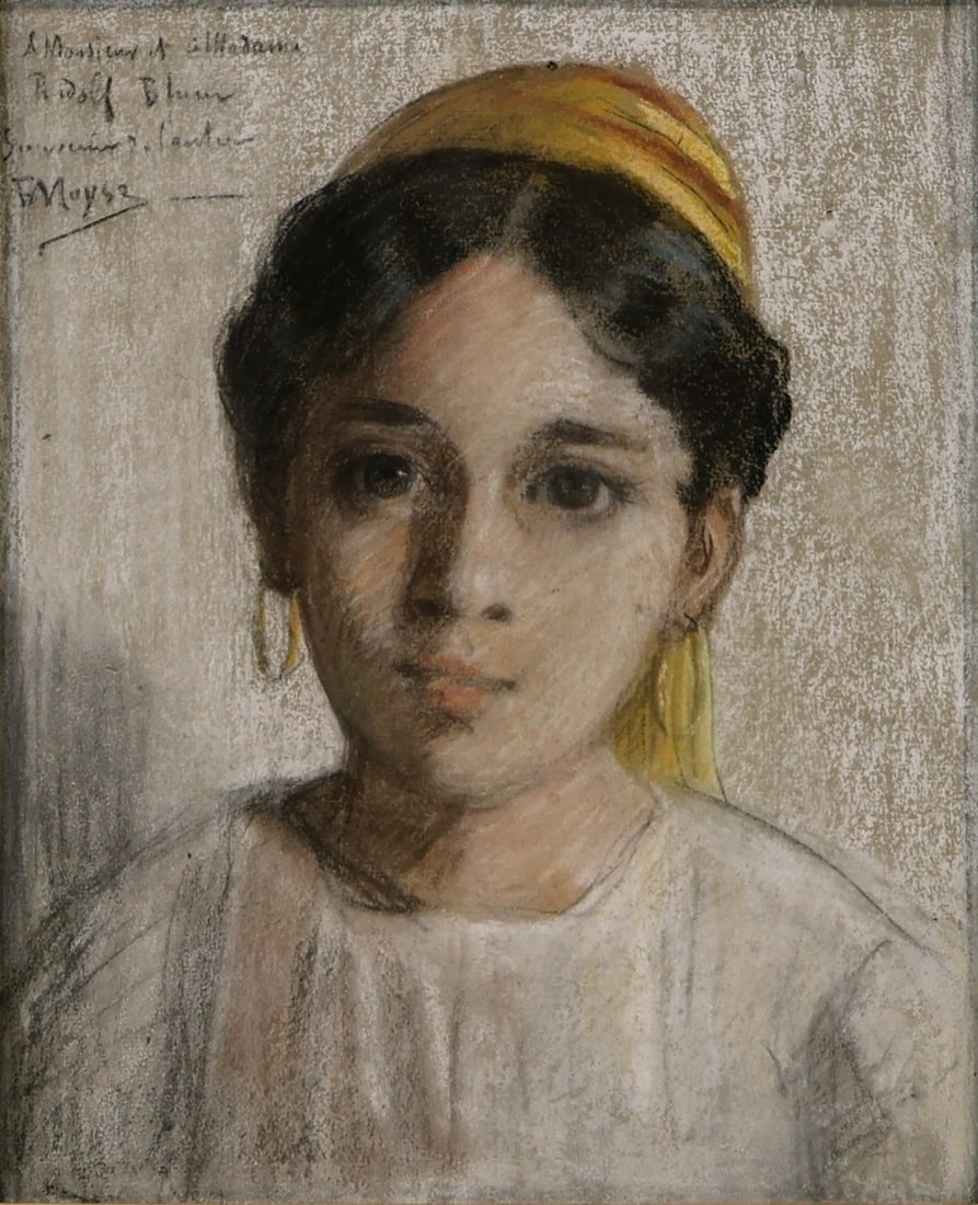 EDOUARD MOYSE (FRENCH, 1827-1908).: 'Portrait of a North African Jewish Girl'. Pastel on blue paper. Signed and inscribed upper left corner. Provenance: Mr. And Mrs Rudolf Blum, France (a gift from the artist circa 1880); Sotheby's NY,