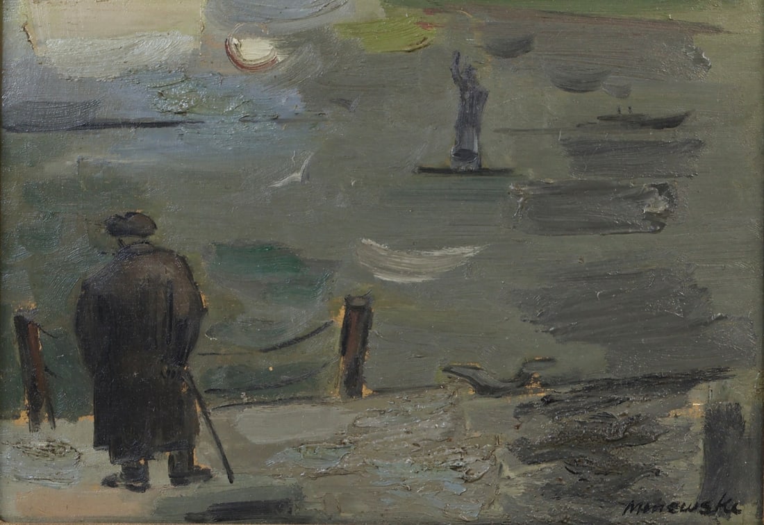 ALEXANDER MINEWSKI (AMERICAN, 1917-1979).: 'The Emigrant'. 1958. Oil on board. Signed lower right. Verso: Inscribed with titled and date on board in ink. Property of a New Rochelle, NY collection. Dimensions: 10" h x 14.125" w.