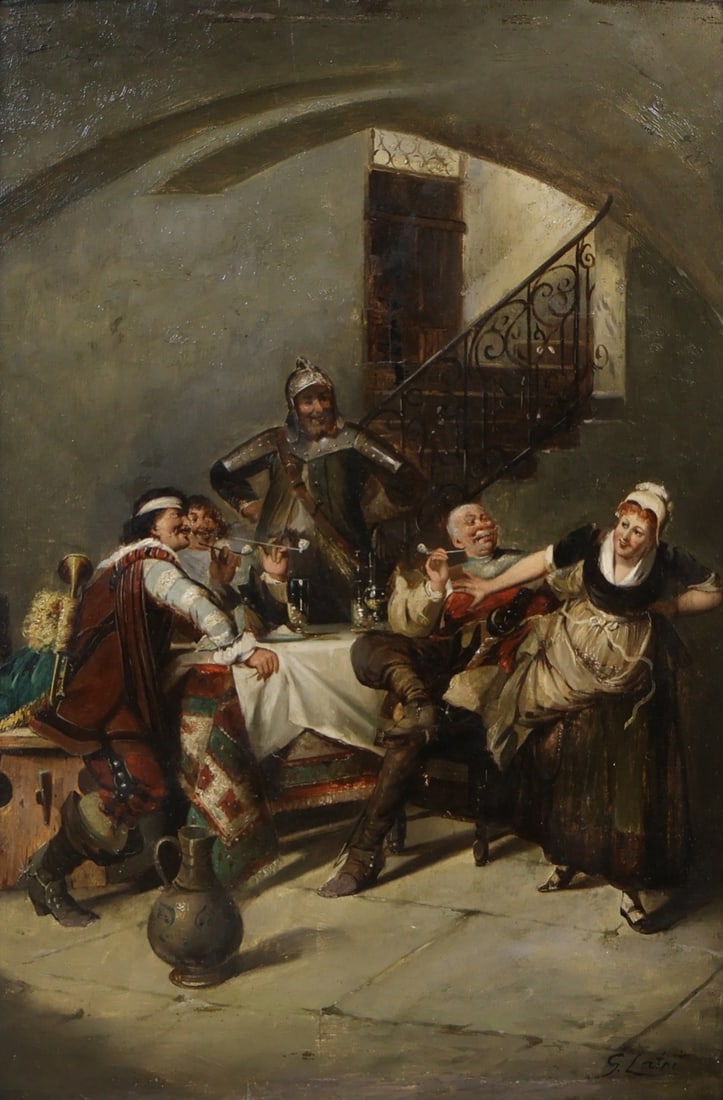 ILLEGIBLY SIGNED (CONTINENTAL, 19TH CENTURY).: 'Cavaliers in a Tavern'. Oil on panel. Signed lower right. Provenance: Mrs. Stanley. Property of a New Rochelle, NY collection. Dimensions: 18" h x 12.25" w. Frame: 27.25" h x 21.25&quo