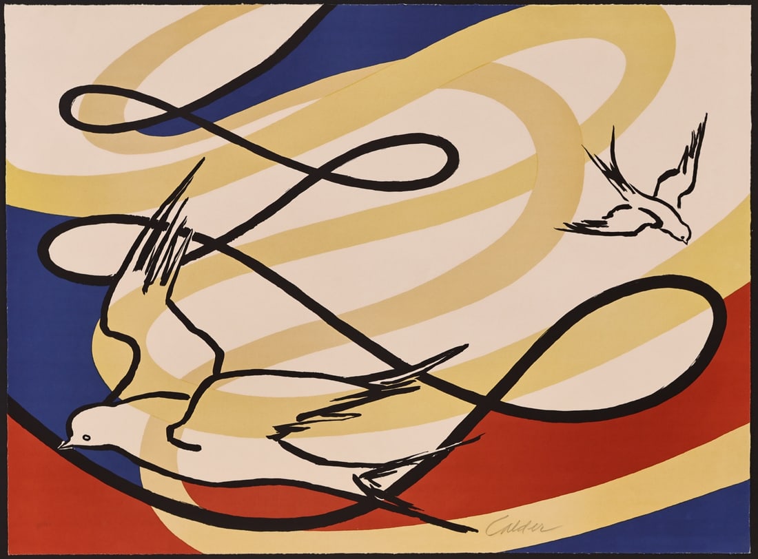 ALEXANDER CALDER (AMERICAN, 1898-1976).: 'Birds of Flight'. Colored lithograph. Signed and numbered '3/125' lower middle right and left in pencil. Provenance: Harcourts Gallery, San Francisco, CA. purchased 12/1/1976. Property of a Mamaronec