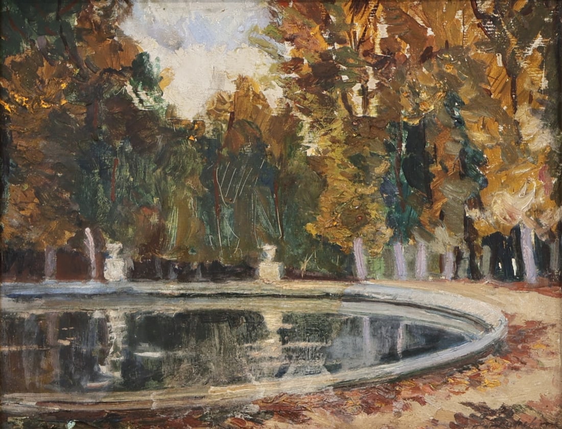 GEORGES LAPCHINE (RUSSIAN / FRENCH, 1885-1951).: 'A Park in Paris'. Oil on canvas board. Signed lower right. Property of a Pelham, NY collections. Dimensions: 8" h x 10" w. Frame: 16.75" h x 18.75" w.