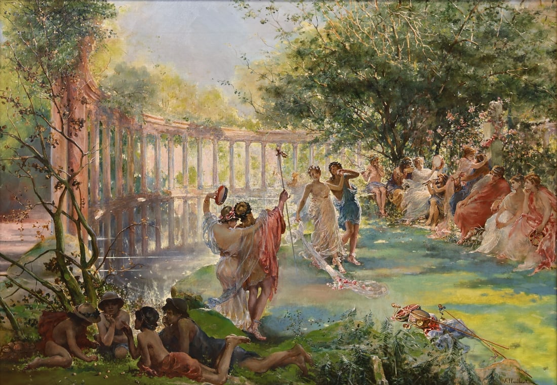FELIX ARMAND HEULLANT (FRENCH, 1834 - circa 1905).: 'Classical Garden Festivities'. Oil on canvas. Signed lower right. Property from a Long Island, NY estate. Dimensions: 26" h x 37.75" w. Frame: 35.125" h x 46" w.