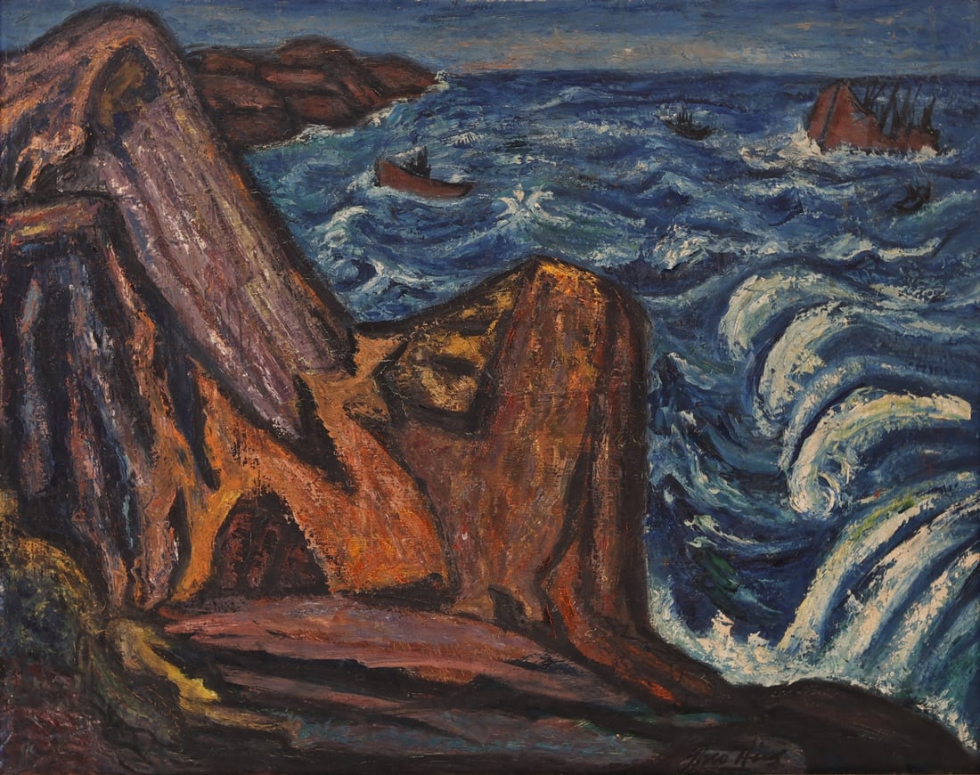 THEO HIOS (GREEK / AMERICAN, 1910-1998).: 'Ships off a Rocky Coast'. Oil on masonite. Signed lower right. Property of a New Jersey collection. Dimensions: 24" h x 30" w. Frame: 32" h x 38" w.