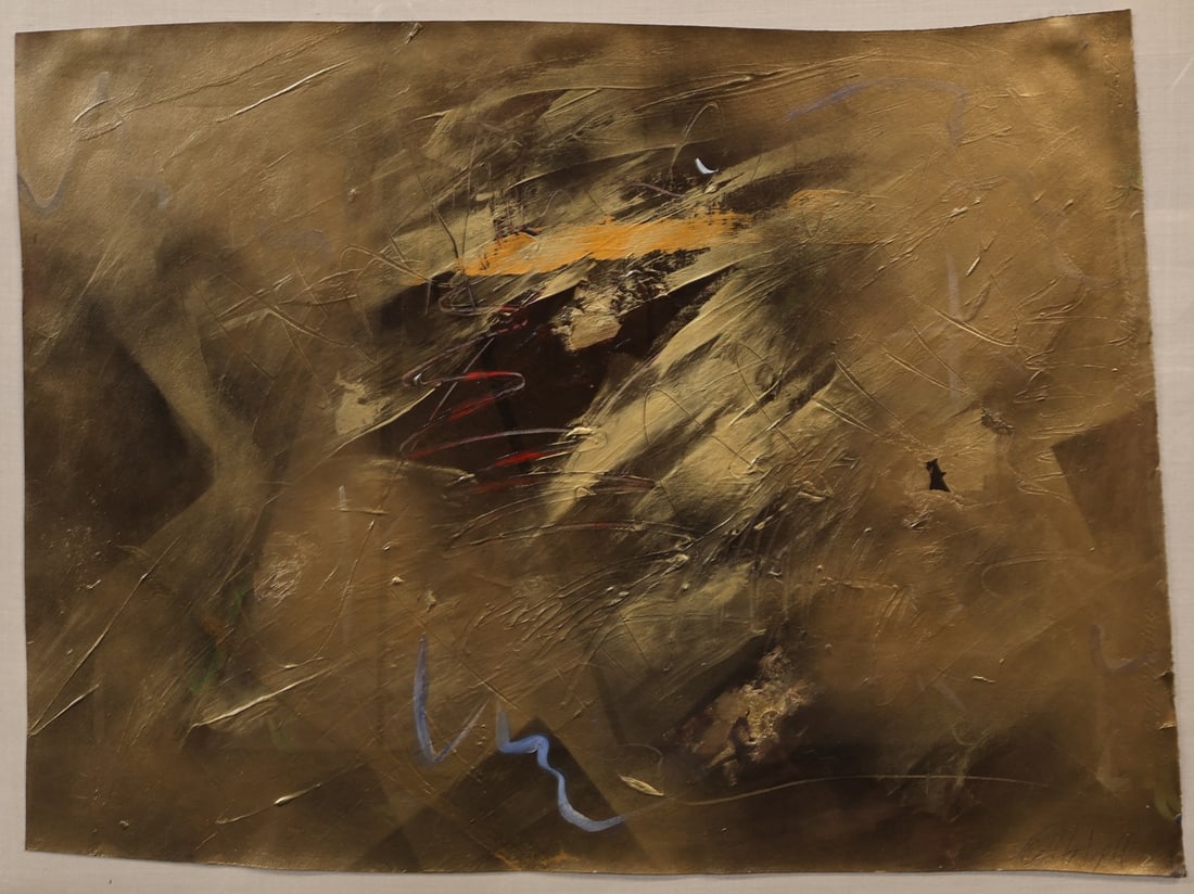 ILLEGIBLY SIGNED (20TH CENTURY).: 'Untitled' (Gold Abstract). Acrylic on paper. Signed lower right. Property Yorktown, NY collection. Dimensions: sheet: 21.5" h x 29" w. Frame: 33.5" h x 26.75" w.