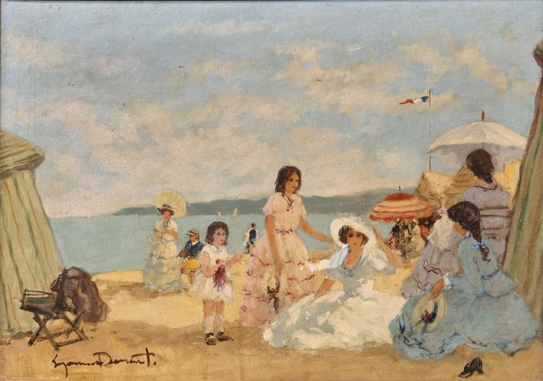SUZANNE DEMAREST (FRENCH / AMERICAN, 1900-1985).: 'Ladies at the Beach'. Oil on canvas. Signed lower left. Property from a Pelham, NY collection. Dimensions: 15" h x 21" w. Frame: 23" h x 29" w.