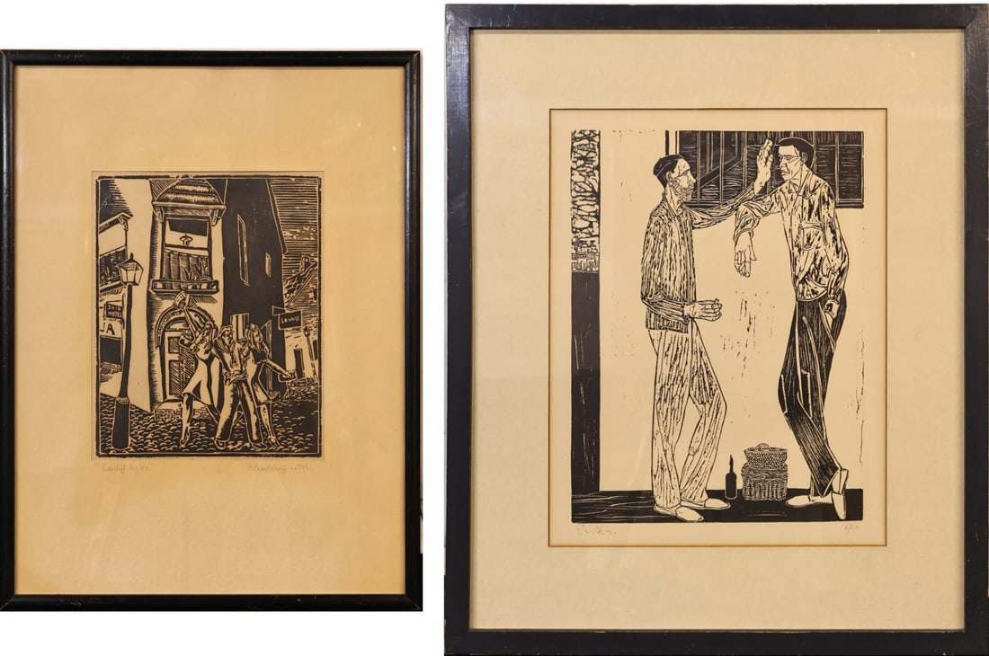 TWO 20TH CENTURY WOODCUT PRINTS.: Two Woodcuts:(i) H. BROCKDORFF (20TH CENTURY). 'Cardiff Nights'. 1945. Woodcut on paper. Signed, dated and titled on the mount mat in pencil. (ii) ILLEGIBLY SIGNED (CONTINENTAL SCHOOL, 20TH CENTURY).