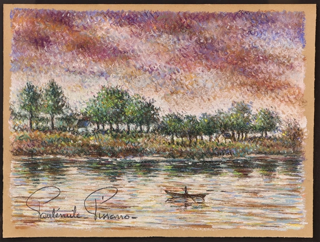 PAUL-EMILE PISSARRO (FRENCH, 1884-1972).: 'Ciel d'Orage Sur La Riviere' (Stormy Sky Over the River). Pastel on tan paper. Signed lower left. Verso: Attached photocopy of Katia Pissarro certificate. Property of a Larchmont, NY estate. Dimensio