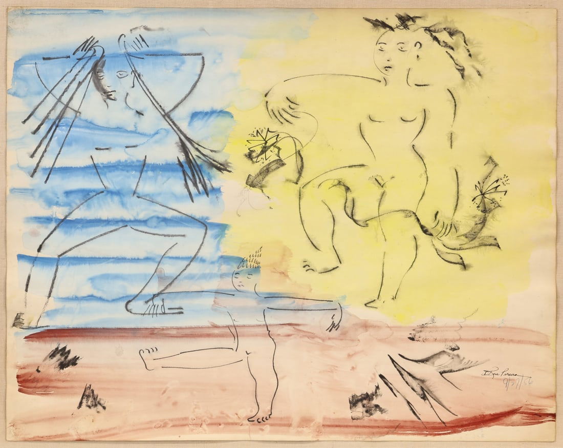 IRENE RICE PEREIRA (AMERICAN, 1902-1971).: 'Three Nude Figures'. 1957. Watercolor and charcoal on paper. Signed and dated lower right. Property of a Larchmont, NY estate. Dimensions: 22.75" h x 28.75" w. Frame: 29.50" h x 35&quo