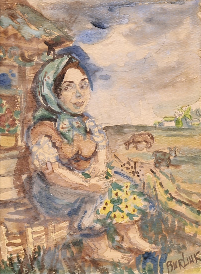 DAVID BURLIUK (UKRAINIAN, 1882-1967).: 'Woman with Yellow Flowers Sitting". Watercolor on paper. Signed lower right. Property of a Larchmont, NY estate. Dimensions: Sight: 11.50" h x 8.375" w. Frame: 18.75" h x 15.50&qu