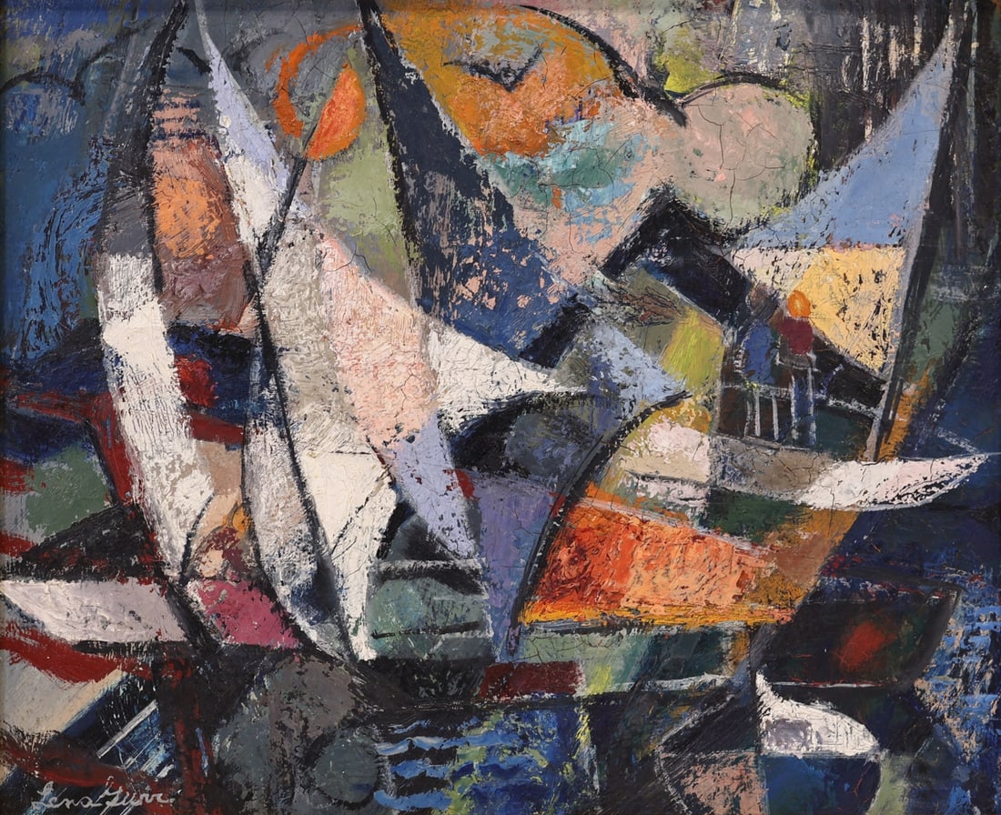 LENA GURR (AMERICAN, 1897-1992).: 'Summer Patterns' Oil on masonite. Signed lower left. Property of a Larchmont, NY estate. Dimensions: 14" h x 17.25" w. Frame: 20.625" h x 23.625" w.