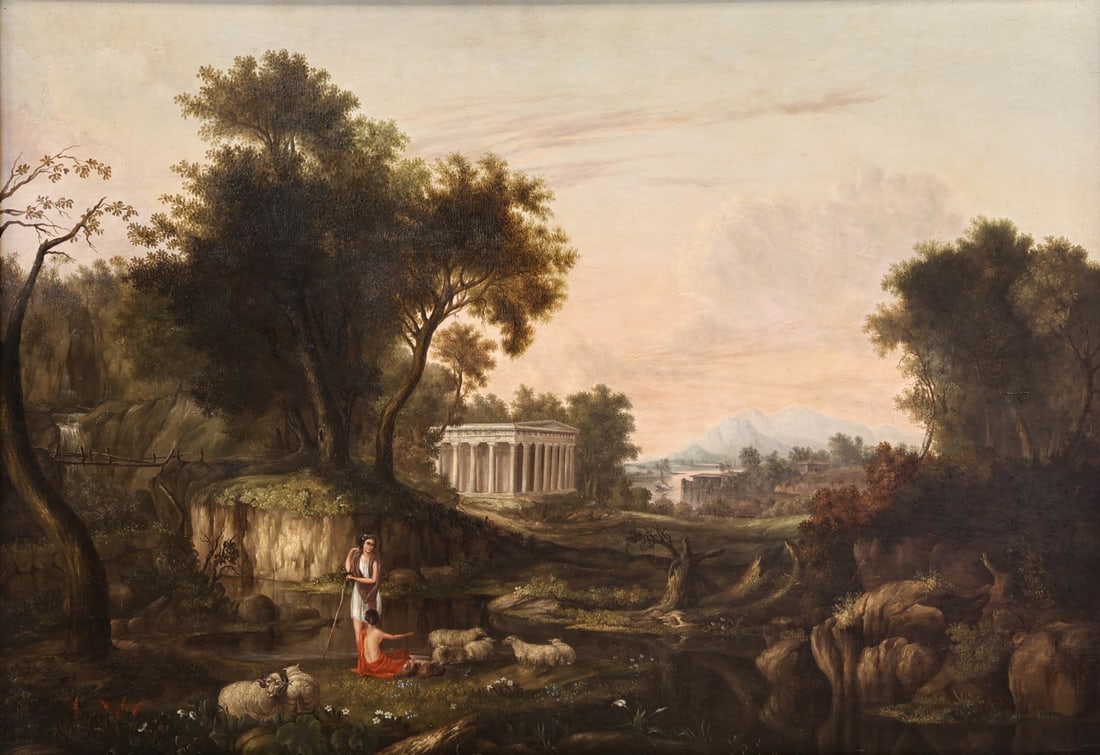 THOMAS COLE (ATTRIB.) (AMERICAN, 1801-1848).: 'Temple of Segesta'. Circa 1820-30. Oil on panel. Provenance: Estate of Mind Auctions, Middletown, NY, September 21, 2013. Literature: Antiques and The Arts Weekly, September 6, 2013, page 26. Propert