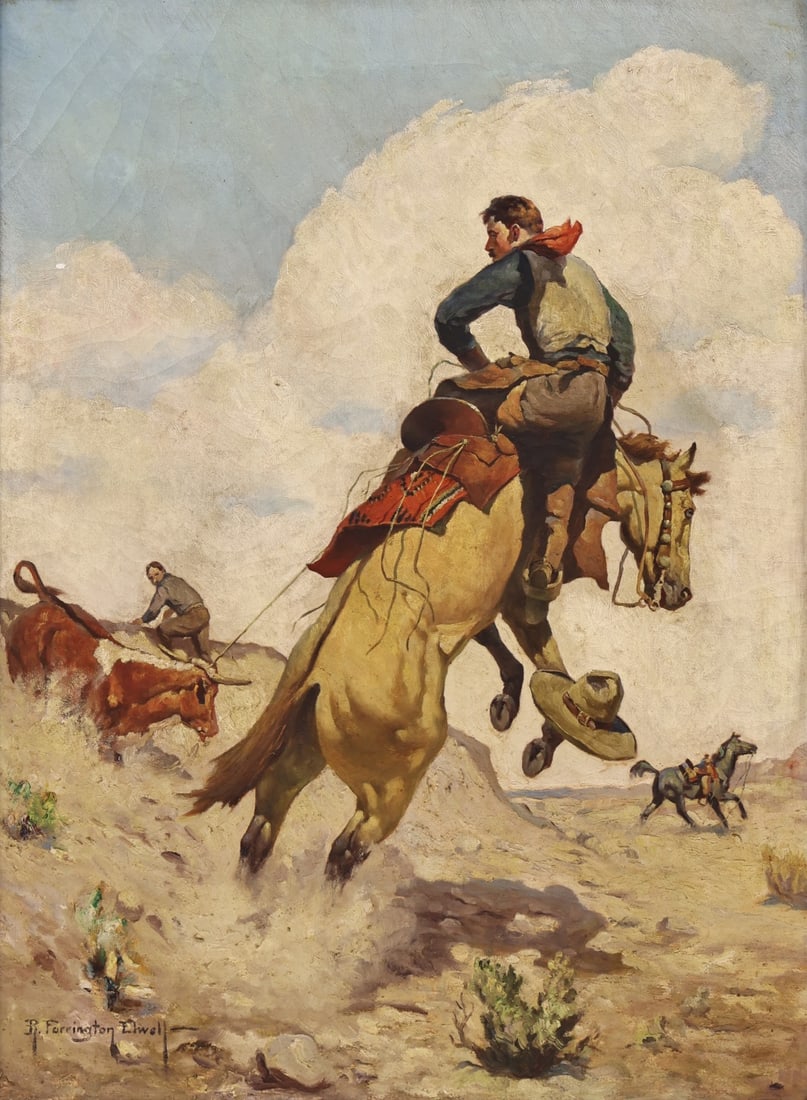 ROBERT FARRINGTON ELWELL (AMERICAN, 1874-1962).: 'The Ornery Steer' Oil on canvas. Signed lower left. Property of a Rye, NY estate. Dimensions: 34" h x 25 "w. Frame: 39.50" h x 30.50" w.