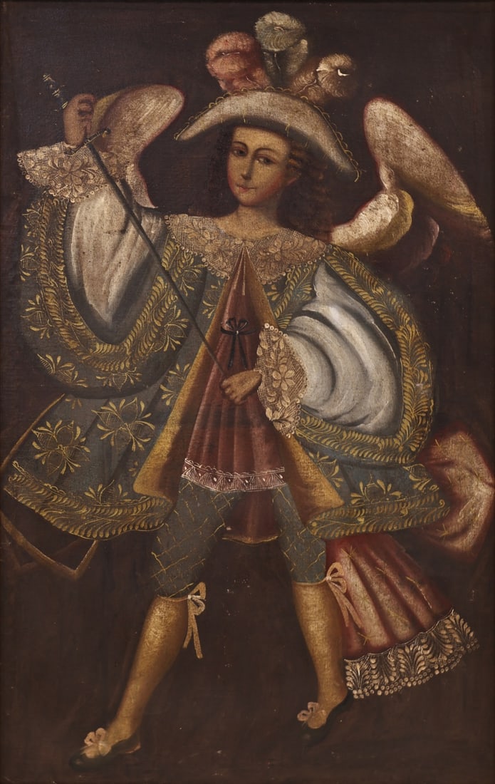 CUZCO SCHOOL (20TH CENTURY).: 'Archangel Michael'. Oil on canvas. From an E 72nd St, Manhattan estate. Dimensions: 44" h x 28" w. Frame: 47" h x 31" w.
