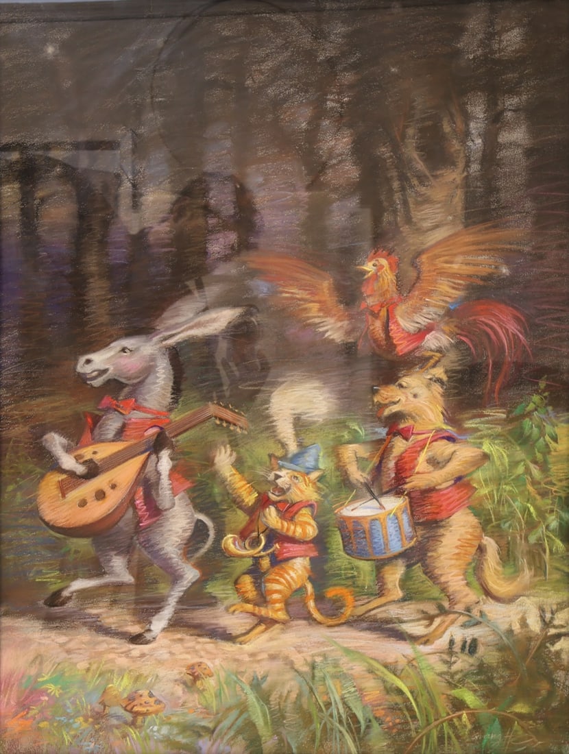 QUANG HO (VIETNAMESE / AMERICAN, b. 1963).: 'The Bremen Town Musicians' (from Grimms' Fairy Tales). Pastel on paper. Signed lower right. Property of a Mount Vernon, NY estate. Dimensions: Sight: 31.50" h x 24" w. Frame: 40.25" h