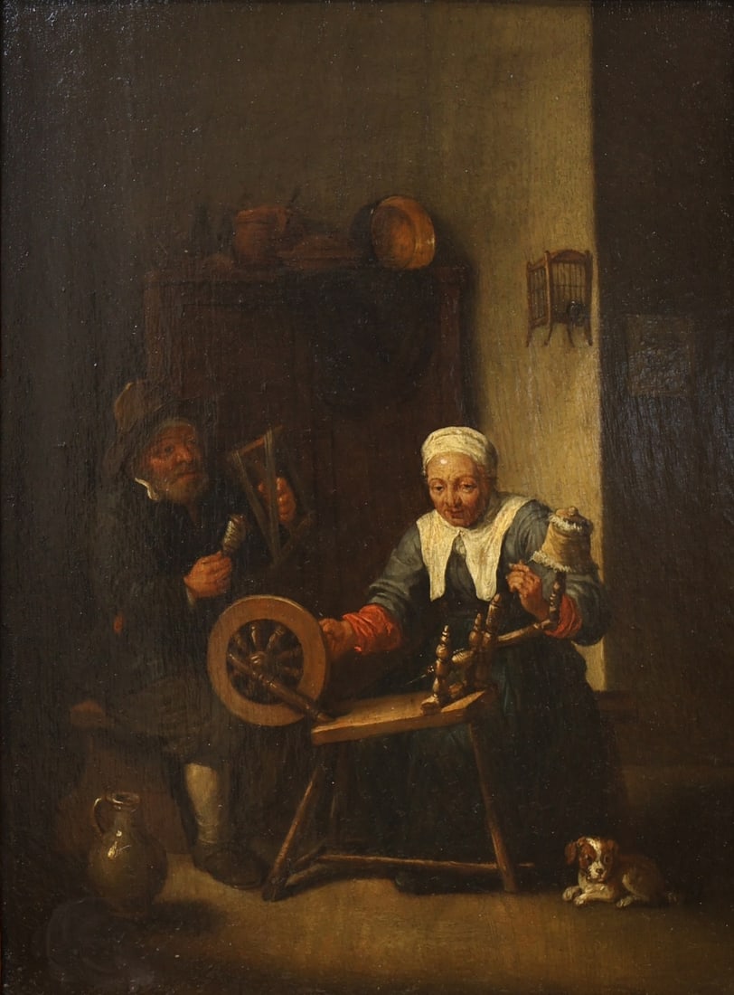 ZEGAR J. VAN HELMONT(ATTRB.) (FLEMISH,1683-1726).: 'An Elderly Couple Spinning Wool'. Oil on panel. Apparently unsigned. Provenance: Gustaf Carl Fredrik, Count Lowernhejlm; General Johan Henrik Rosensvard: Lord Chamberlain C. J. Rosensvard; Auction, L