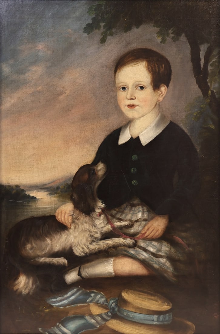 CIRCLE OF JOSEPH GOODHUE CHANDLER.: "Portrait of a Boy with a Spaniel' Oil on canvas. From a W 86th St, Manhattan estate. Dimensions: 41" h 27.25" w. Frame: 47.75" h x 34.25" w.