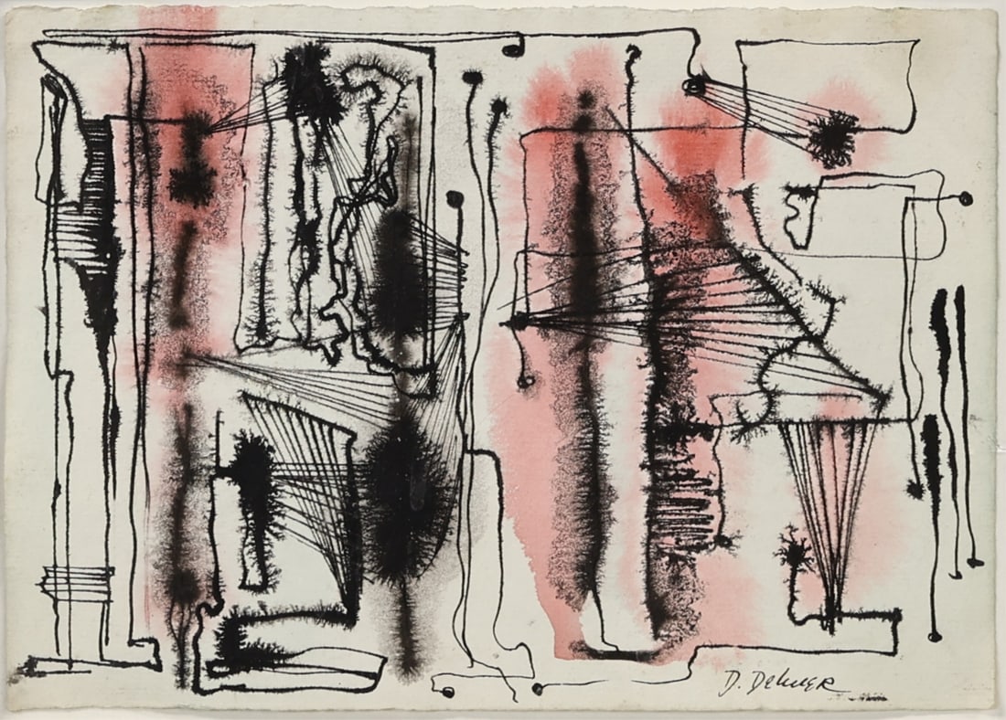 DOROTHY DEHNER (AMERICAN, 1901-1994).: 'Untitled' (Pink and Black Abstract). Ink and wash on paper. Signed lower right. Property from a Tarrytown, NY collection. Dimensions: 6" h x 8.5" w. Frame: 20" h x 29.5" w.