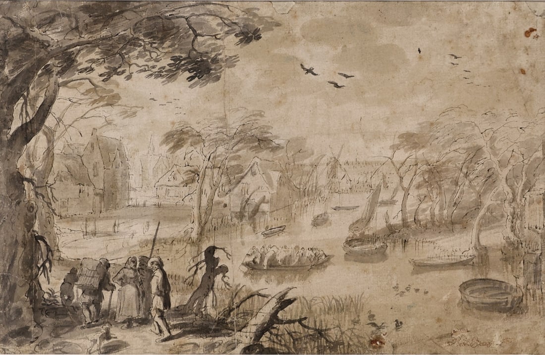 MANNER OF JAN BRUEGHEL THE ELDER.: 'A Village by a River'. Pen and ink with wash. Inscribed 'Pieter Br ?' lower right. Property from a Rye, NY collection. Dimensions: Sight. 7.75" h x 12" w. Frame: 15" h x 19.125" w