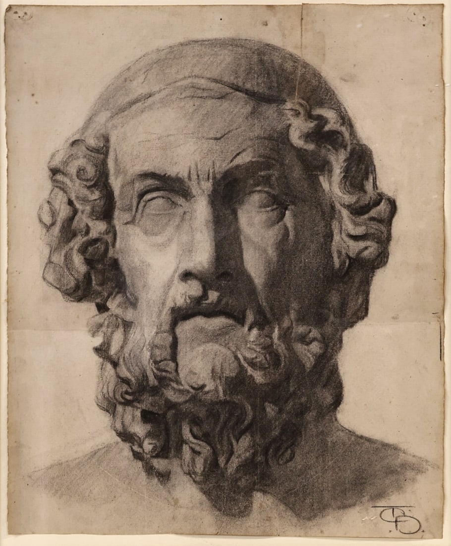 CIRCLE OF THOMAS COUTURE (1815-1879).: 'Bust of the Blind Homer'. Black chalk on paper. Monogrammed lower right corner. Property from a Rye, NY collection. Dimensions: 14.75" h x 12.125" w. Frame: 26.50" h x 22.75" w.