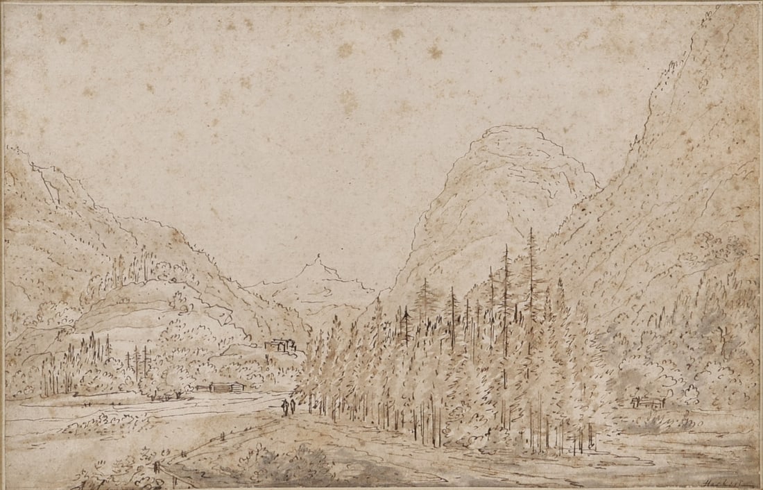 JAN HACKERT (DUTCH, 1628-1685).: 'A Mountainous Landscape'. Pen and brown ink, with gray and brown wash. Signed lower right. Provenance: Sotheby's, Amsterdam, November 13, 1991. (lot 246) Property from a Rye, NY collection. Dimension
