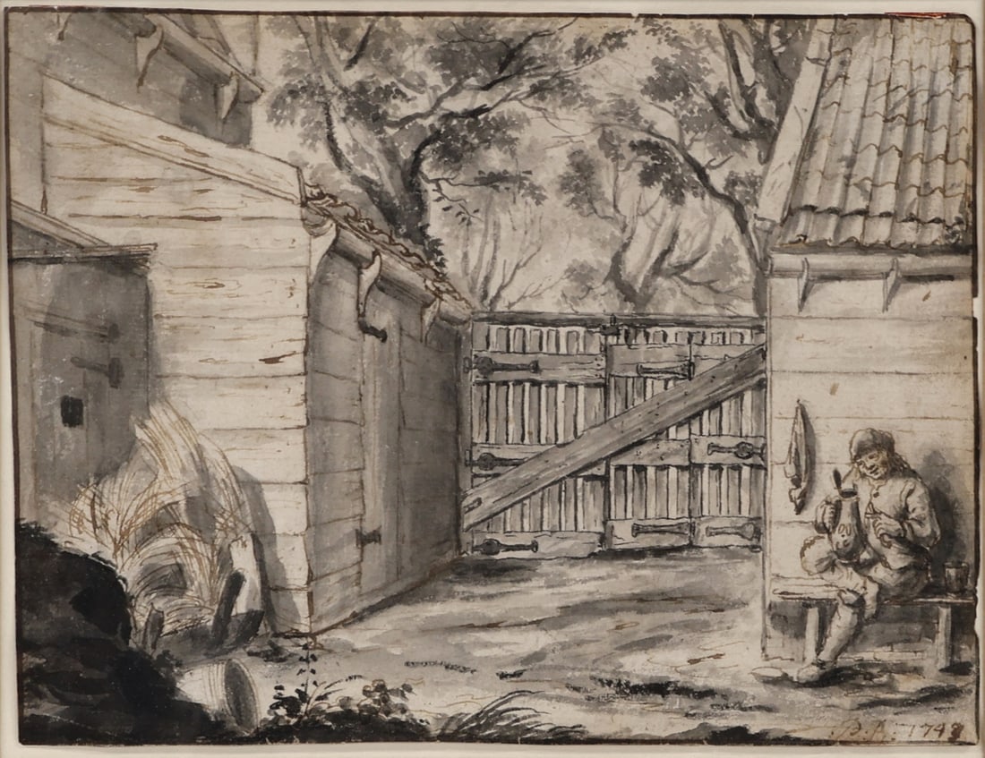 PIETER BARBIERS THE ELDER (DUTCH, 1717-1780): 'Peasant Eating His Lunch in the Backyard'. Brown ink an gray wash on paper. Inscribed and dated lower right. Property from a Rye. NY collection. Dimensions: 5.75" h x 7.50" w. Frame: 13&quo